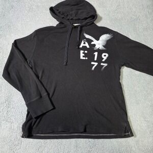 American Eagle Mens XL Hoodie Black Waffle Knit Thermal Graphic Vintage Fit 1977